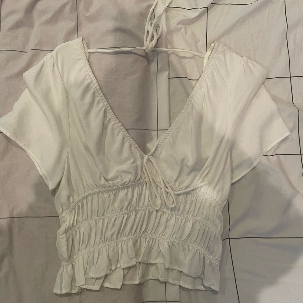Bershka white linen crop top